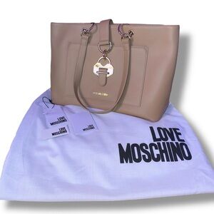 MOSCHINO LOVE FAUX LEATHER TAN TOTE BAG WITH DOUBLE HANDLE